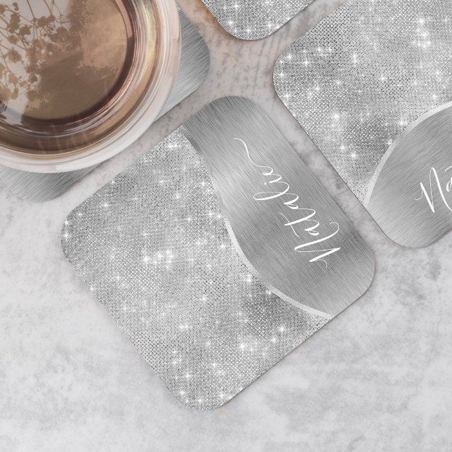 Silver Glitzer Glam Bling Personalisiert Metallic Rechteckiger Pappuntersetzer (Von Creator hochgeladen)