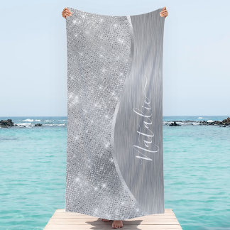 Silver Glitzer Glam Bling Personalisiert Metallic Strandtuch