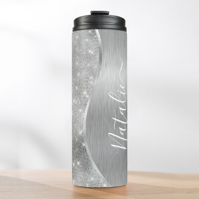 Silver Glitzer Glam Bling Personalisiert Metallic Thermosbecher (Von Creator hochgeladen)