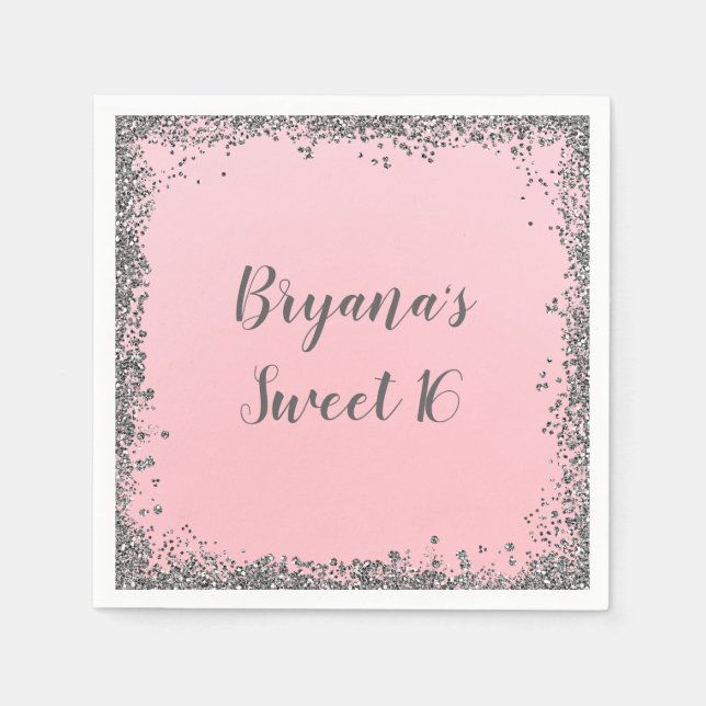 Silver Glitzer Glam Edge Sweet 16 Custom Party Serviette (Vorderseite)