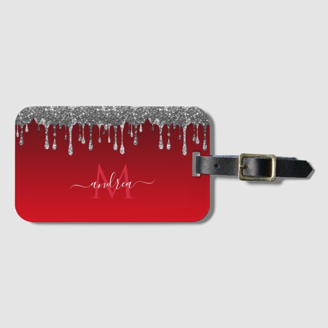 Silver Glitzer Glam Red Gradient Monogram & Name Gepäckanhänger (Vorderseite (Horizontal))