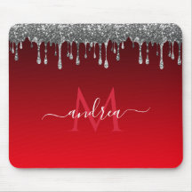 Silver Glitzer Glam Red Gradient Monogram & Name