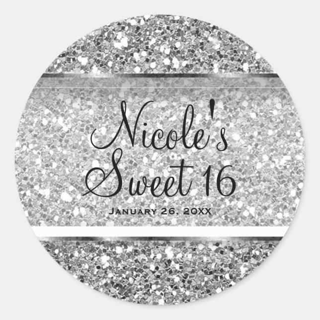 Silver Glitzer Glam Sweet 16 Custom Gastgeschenk Runder Aufkleber (Vorderseite)