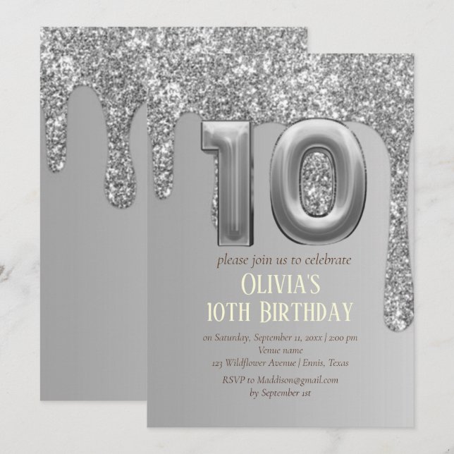Silver Glitzer Glam Tropfen Girl Girly 10. Geburts Einladung (Vorne/Hinten)
