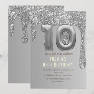 Silver Glitzer Glam Tropfen Girl Girly 10. Geburts Einladung