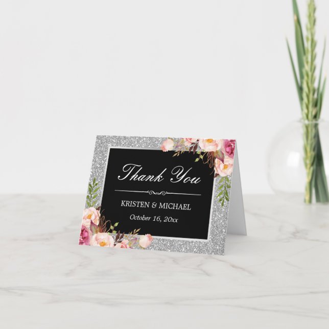 Silver Glitzer Glitzern Blumendekoration Vielen Da Dankeskarte (Vorderseite)