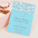 Silver Glitzer Glitzern eisblauer 16 . Geburtstag Einladung<br><div class="desc">Moderne,  hübsche und elegante Duschkabine aus Silber-Glitzer mit Konfetti und weißer Saitenleuchte mit eisblauen Häusern Sweet 16 Geburtstagsfeier Einladung .</div>