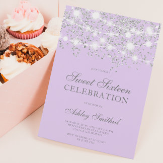 Silver Glitzer Glitzern Lavendel 16 . Geburtstag Einladung