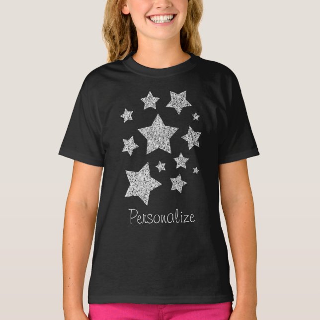 Silver Glitzer Glitzern Stars personalisieren T-Shirt (Vorderseite)