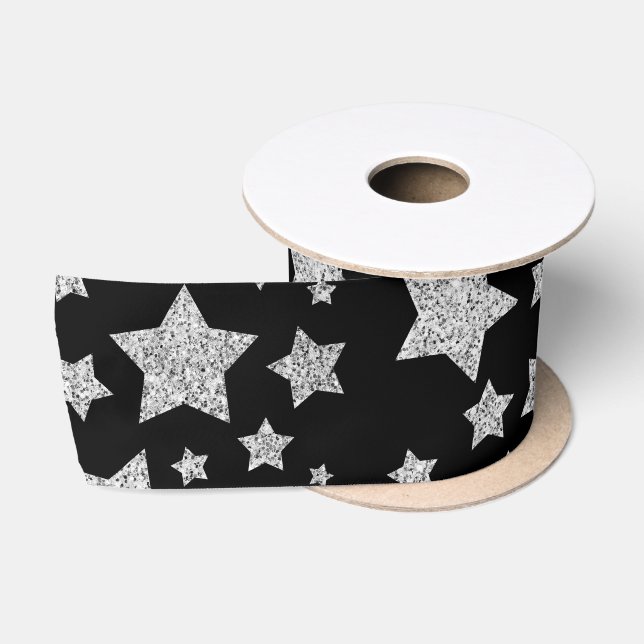 Silver Glitzer Glitzern Stars schwarz Satinband (Spule)