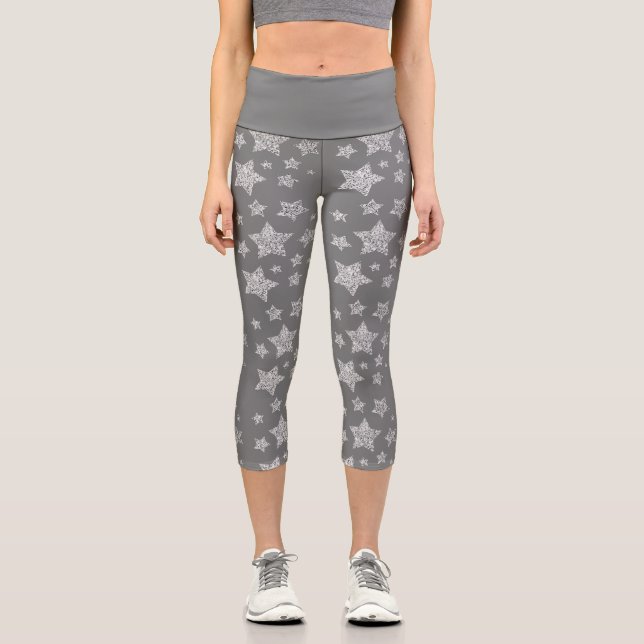 Silver Glitzer Glitzern Sternmuster hellgrau Capri Leggings (Vorderseite)