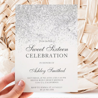 Silver Glitzer Glitzern White Chic 16 . Geburtstag Einladung