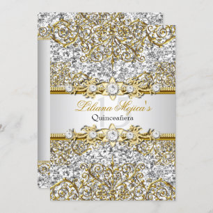 Silver Glitzer & Gold Damask Quinceanera Einladung