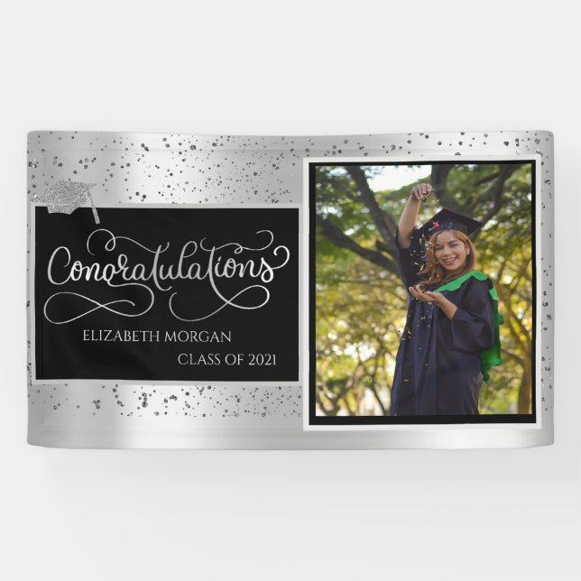 Silver Glitzer Grad Cap, Foto Rose Gold Abschluss Banner (Horizontal)