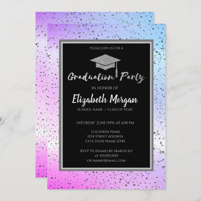 Silver Glitzer Graduation Cap, Confetti Ombre Einladung (Vorne/Hinten)