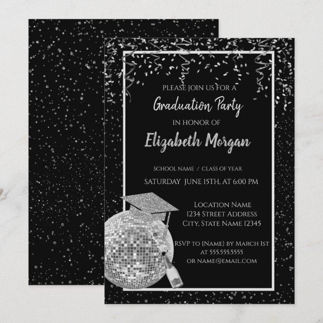 Silver Glitzer Graduation Cap, Disco Ball Confetti Einladung (Vorne/Hinten)