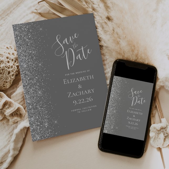 Silver Glitzer Grau Save the Date Ankündigung (Von Creator hochgeladen)