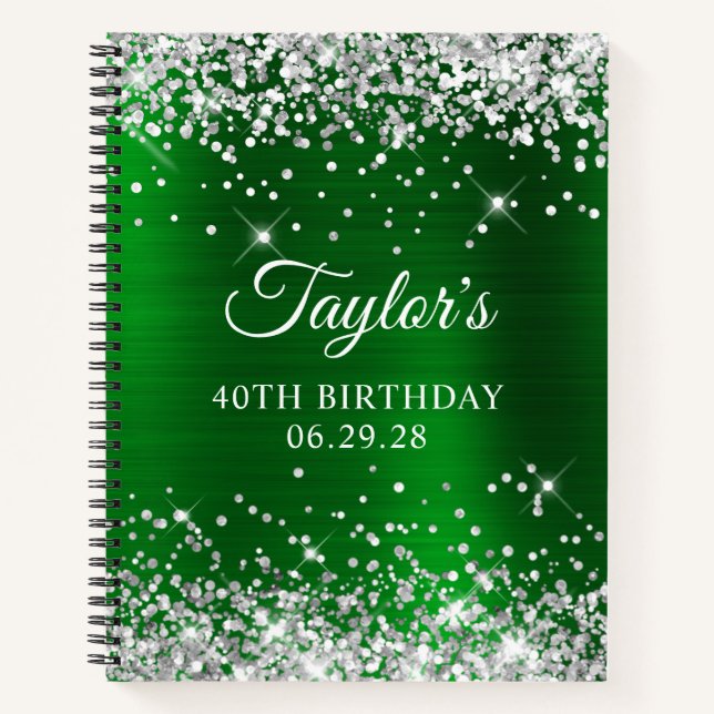 Silver Glitzer Green Foil 40th Birthday Guest Notizbuch (Vorderseite)