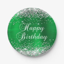 Silver Glitzer Green Foil Happy Birthday