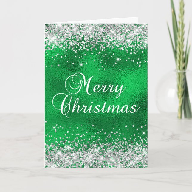 Silver Glitzer Green Glass Foil Frohe Weihnachten Karte (Vorderseite)