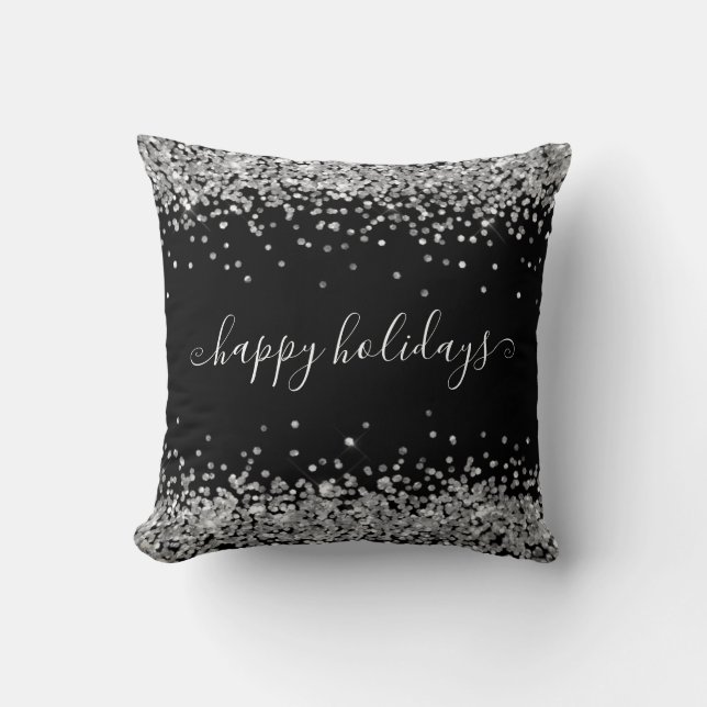 Silver Glitzer Happy Holidays Sparkle Shine Black Kissen (Vorderseite)