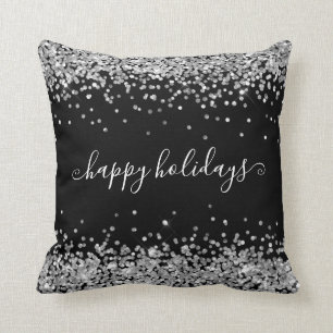 Silver Glitzer Happy Holidays Sparkle Shine Black Kissen