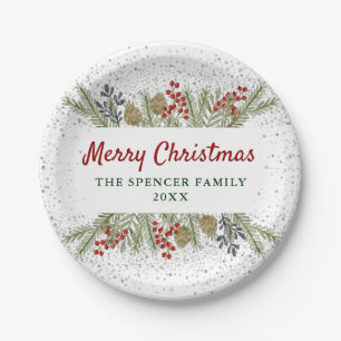 Silver Glitzer Holly Berries Weihnachtsfest Party Pappteller