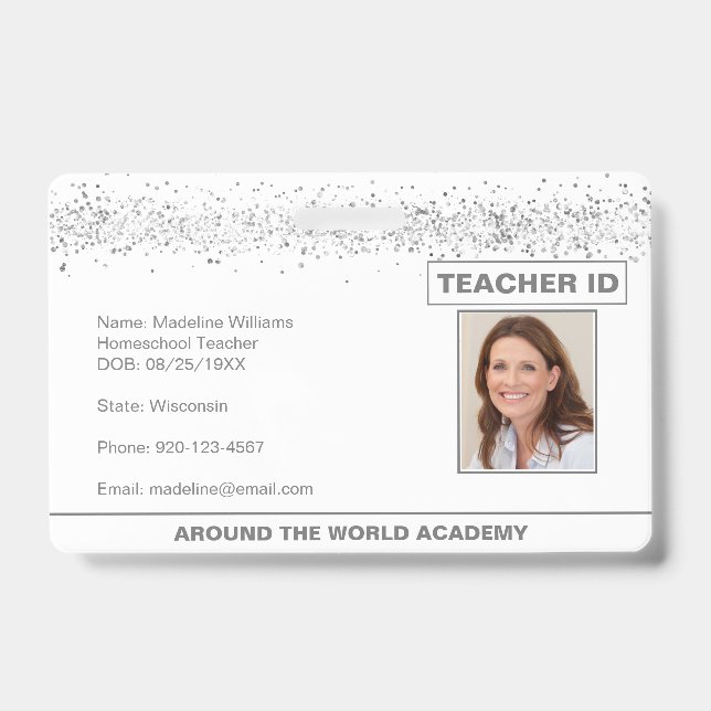 Silver Glitzer Homeschool Lehrer ID Abzeichen Ausweis (Vorderseite)