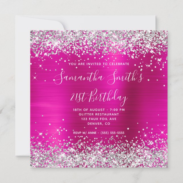 Silver Glitzer Hot Pink Foil 21. Geburtstag Einladung (Vorderseite)