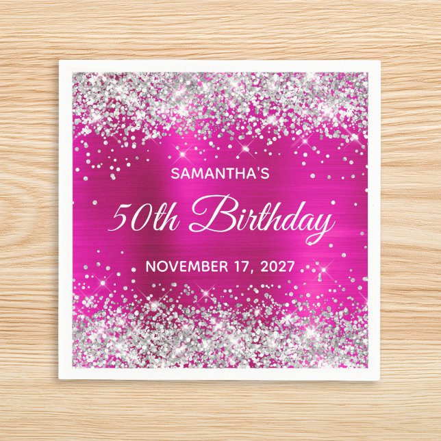Silver Glitzer Hot Pink Foil 50. Geburtstag Serviette (Silver Glitter Hot Pink Foil 50th Birthday Napkins)