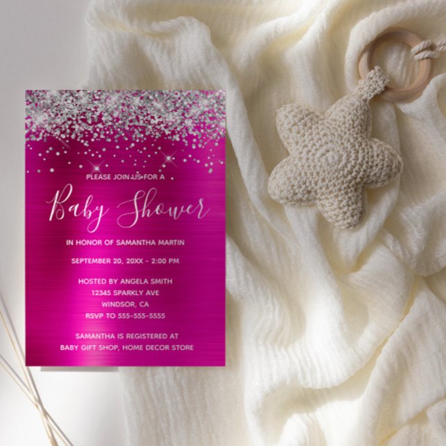 Silver Glitzer Hot Pink Foil Babydusche Einladung (Silver Glitter Hot Pink Glam Baby Shower Invite)