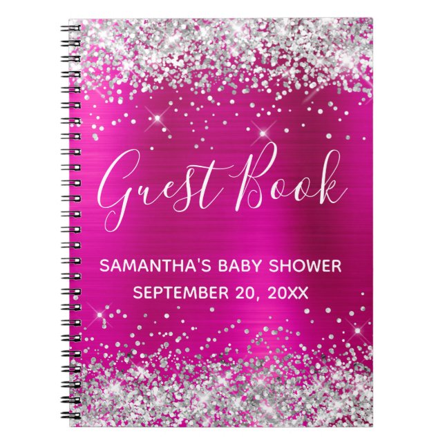 Silver Glitzer Hot Pink Foil Babydusche Gästebuch Notizblock (Vorderseite)