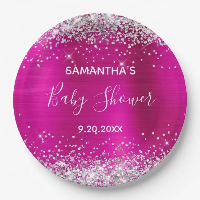 Silver Glitzer Hot Pink Foil Babydusche Pappteller (Vorderseite)
