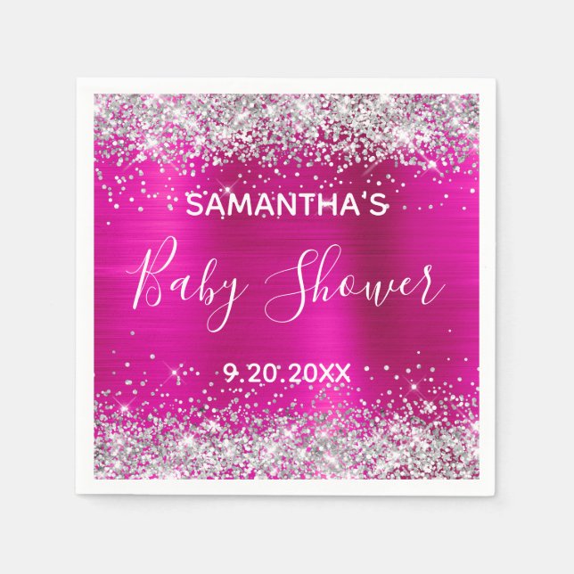 Silver Glitzer Hot Pink Foil Babydusche Serviette (Vorderseite)