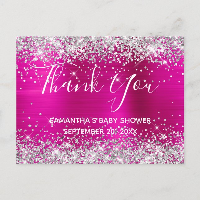 Silver Glitzer Hot Pink Foil Babydusche Vielen Dan Postkarte (Vorderseite)