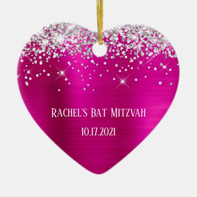 Silver Glitzer Hot Pink Foil Bat Mitzvah Keramik Ornament (Vorne)