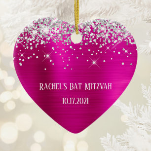 Silver Glitzer Hot Pink Foil Bat Mitzvah Keramik Ornament