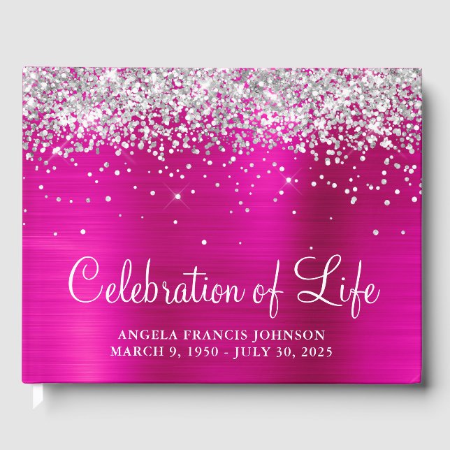 Silver Glitzer Hot Pink Foil Celebration of Life Gästebuch (Vorderseite)