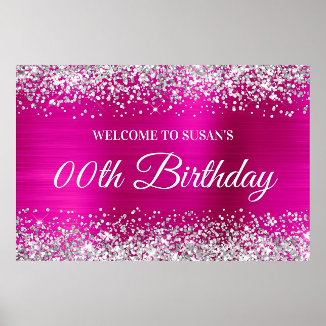 Silver Glitzer Hot Pink Foil Geburtstag Willkommen Poster (Vorne)
