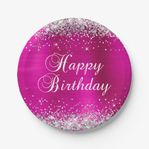 Silver Glitzer Hot Pink Foil Happy Birthday Pappteller