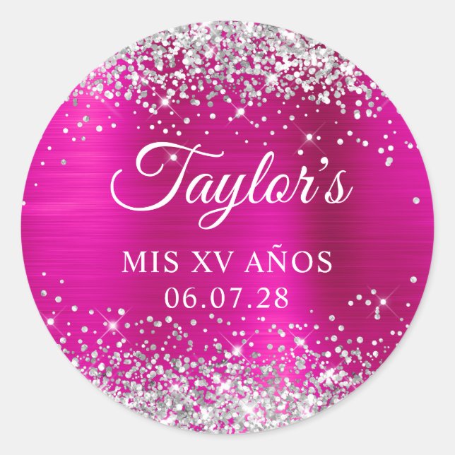 Silver Glitzer Hot Pink Foil Mis XV Anos Birthday Runder Aufkleber (Vorderseite)