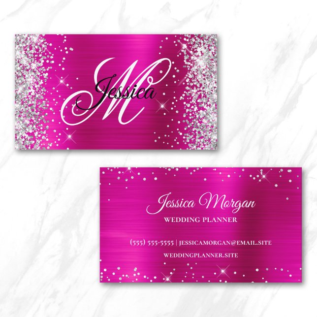 Silver Glitzer Hot Pink Foil Monogramm Profil Visitenkarte (Silver Glitter Hot Pink Foil Monogram Profile Business Card)
