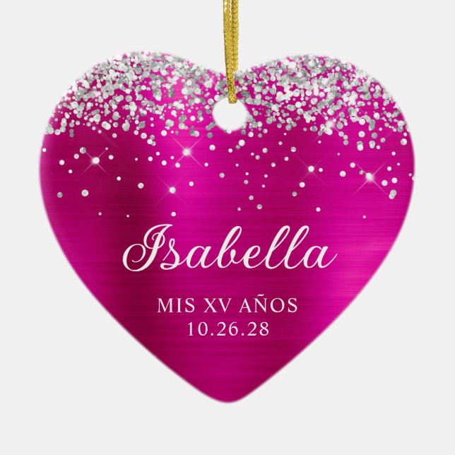 Silver Glitzer Hot Pink Mis XV Anos Name Foto Keramik Ornament (Vorne)