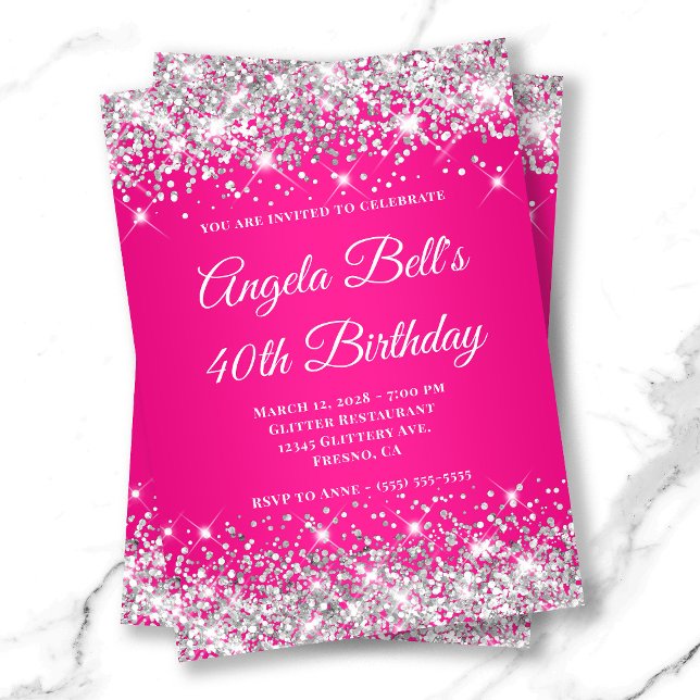 Silver Glitzer Hot Pink Monogram 40. Geburtstag Einladung (Silver Glitter Hot Pink Monogram 40th Birthday Invitation)