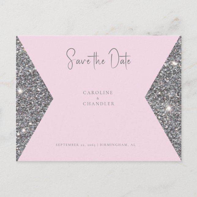 Silver Glitzer Image Pink Wedding Save the Date Postkarte (Vorderseite)