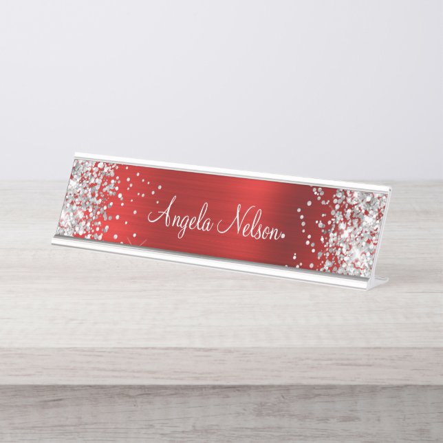 Silver Glitzer Imitate Ruby Red Foil Schreibtischnamensplakette (Vorderseite )
