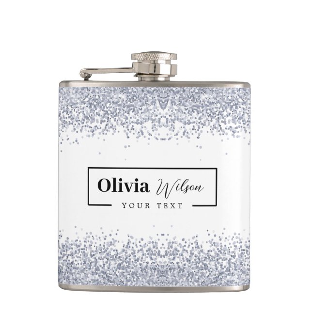 Silver Glitzer Individuelle Name Flask Flachmann (Vorderseite)