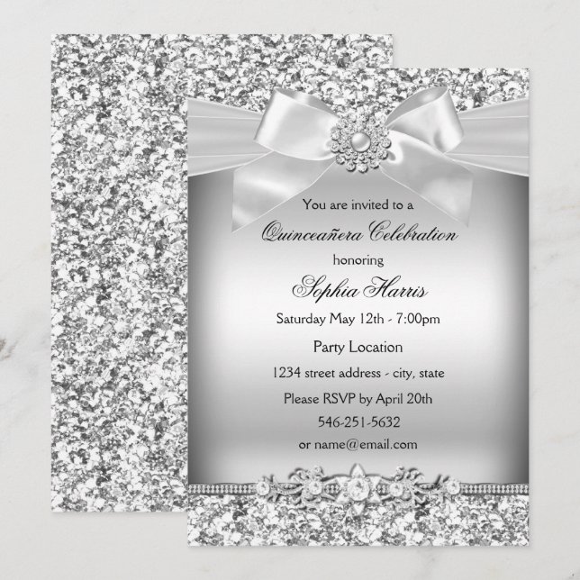Silver Glitzer & Jewel Bow Quinceanera Einladung (Vorne/Hinten)