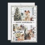 Silver Glitzer Joy Liebe Peace happy Hanukkah Foto Feiertagskarte<br><div class="desc">Diese Karte hat einen modernen silbernen Glitzer-Rahmen mit 4 (vier)beliebten personalisierten Familienurlaub-Fotos!
Mit Freude ,  Liebe und Ruhe,  die individuell anpassbar sind. 
Sie können den Familiennamen ändern,  indem Sie auf die Option Personalisieren klicken.
Schicken Sie diese Karte an alle Ihre Lieben,  um ihnen eine glückliche Hanukkah zu wünschen!!</div>