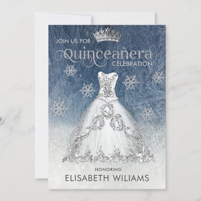 Silver Glitzer Kleid ombre tiara Quinceañera Invi Einladung (Vorderseite)